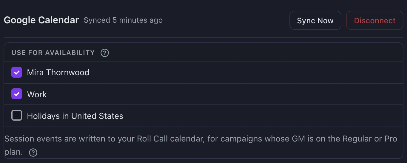A connected Google Calendar account, with Sync Now and Disconnect beside it. Under Use for availability, Mira Thornwood and Work are ticked and Holidays in United States is not.