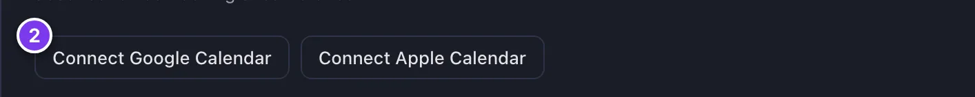 The Calendar Sync section of My Availability, not connected, with the Connect Google Calendar button marked 2.