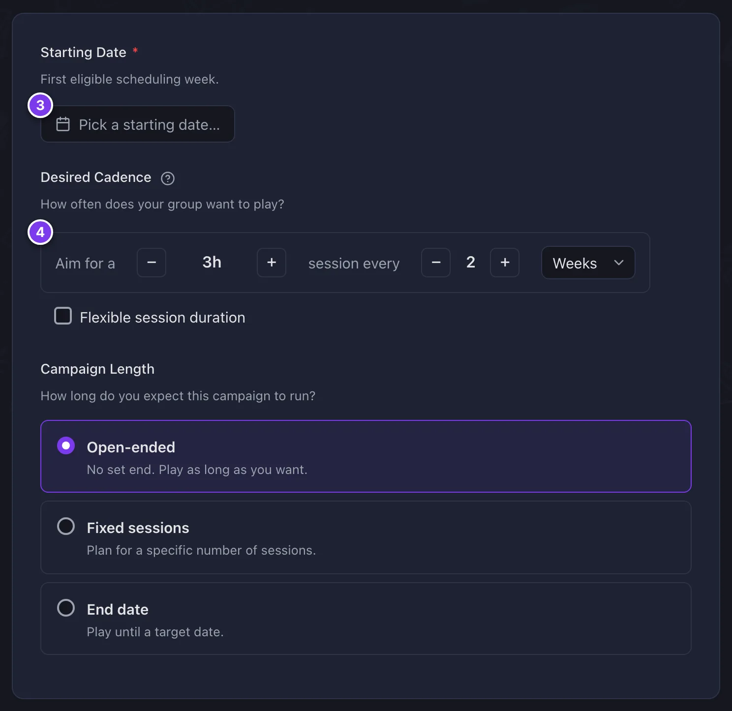 The second page of the new campaign form. The Starting Date picker is marked 3 and the Desired Cadence settings are marked 4, above the three kinds of Campaign Length: Open-ended, Fixed sessions and End date.