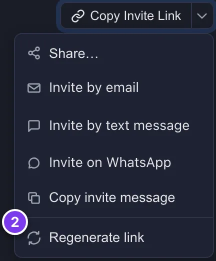 The menu open under the arrow beside Copy Invite Link, listing the ways to send the invite. Regenerate link, at the bottom, is marked 2.