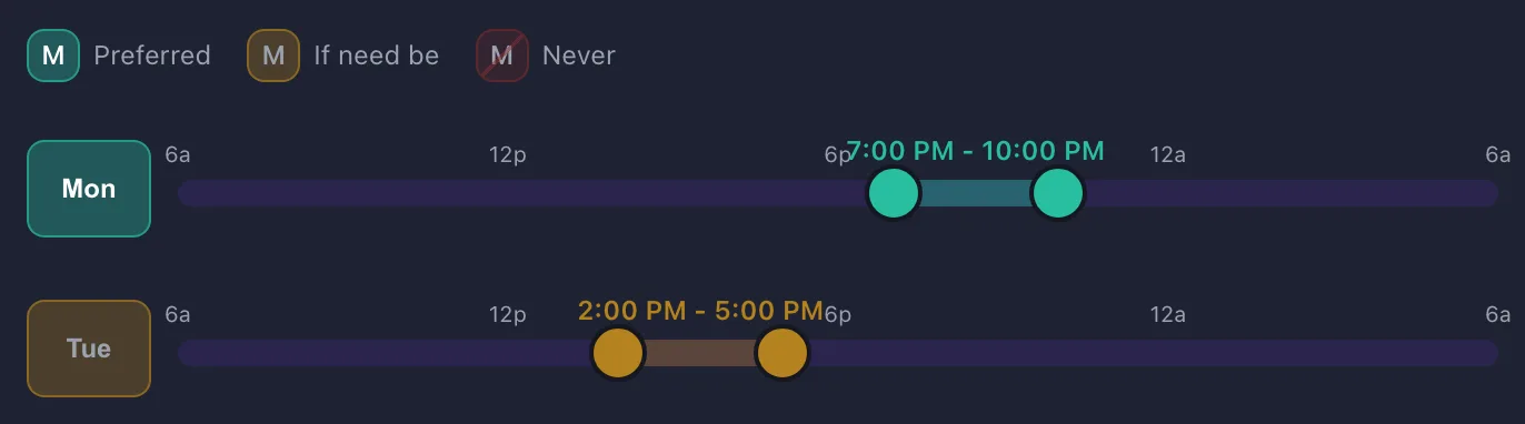 Two day rows in the schedule windows editor: Monday set to preferred, Tuesday set to if need be, each with its window slider.